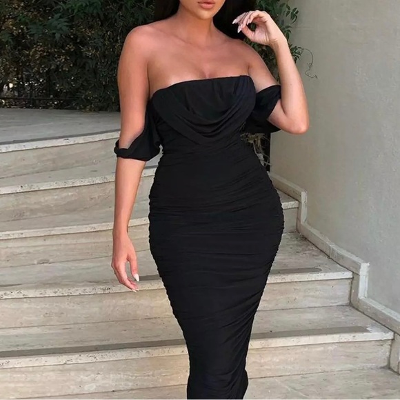 Double Layer Sexy Mesh Dress Women Strapless Bodycon Pleated Midi Dress - Picture 3 of 3